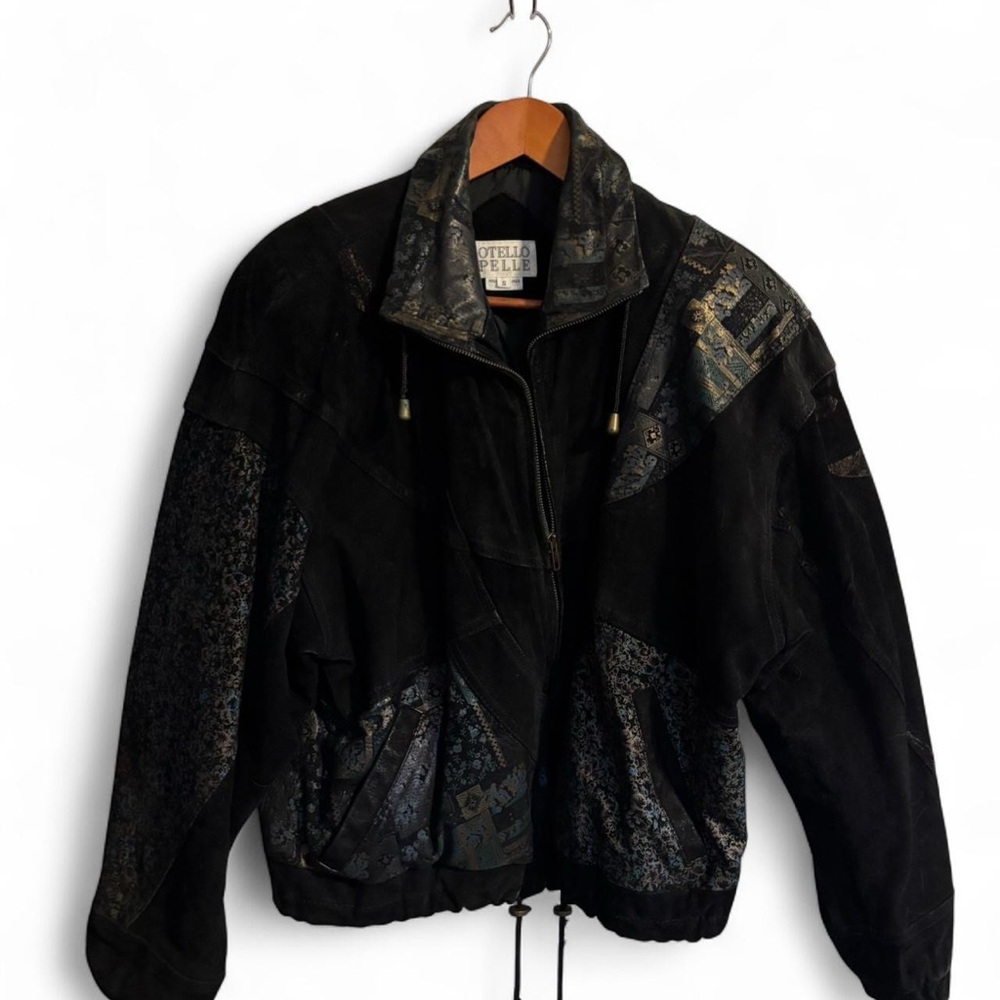 Vintage Otello Pelle 80/90s Black Floral Leather Jacket
